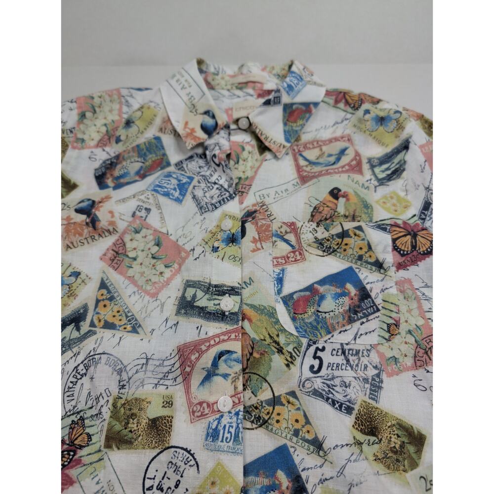 Chico's No Iron Linen Button Up Blouse Novelty Travel Stamp Print Birds Size 0 S - Picture 2 of 7